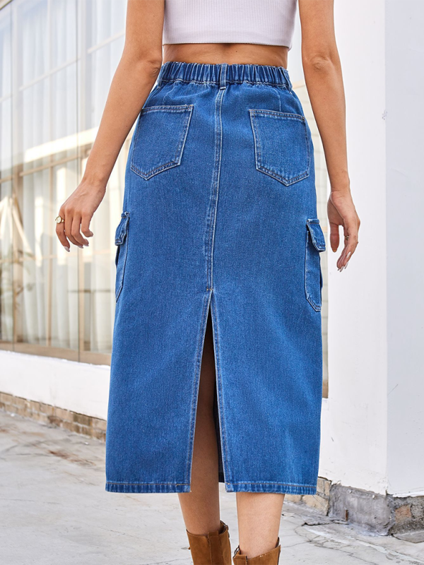 Cargo Mid-Calf Denim Skirt with Practical Design Denim Skirts