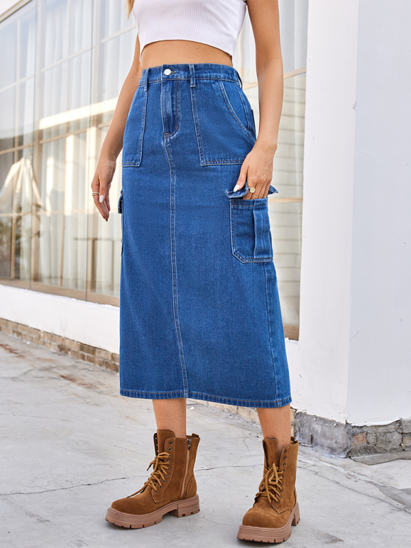 Cargo Mid-Calf Denim Skirt with Practical Design Denim Skirts