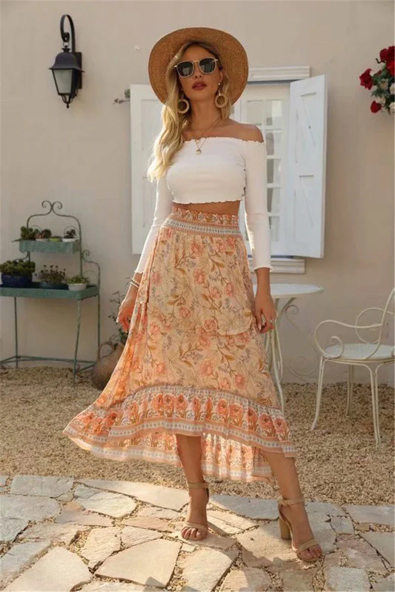 Bohemian High-Low Floral Skirt High-Low Skirts