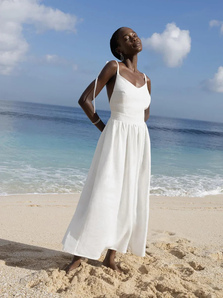 Backless Fit and Flare Midi Sundress in Cotton Blend for Summer