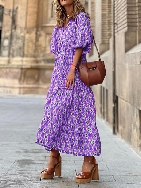 Geometric Print Puff Sleeve Tiered Holiday Maxi dress Maxi dress