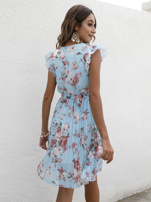 Floral A-Line Pleated Belted Flared Dress Dress