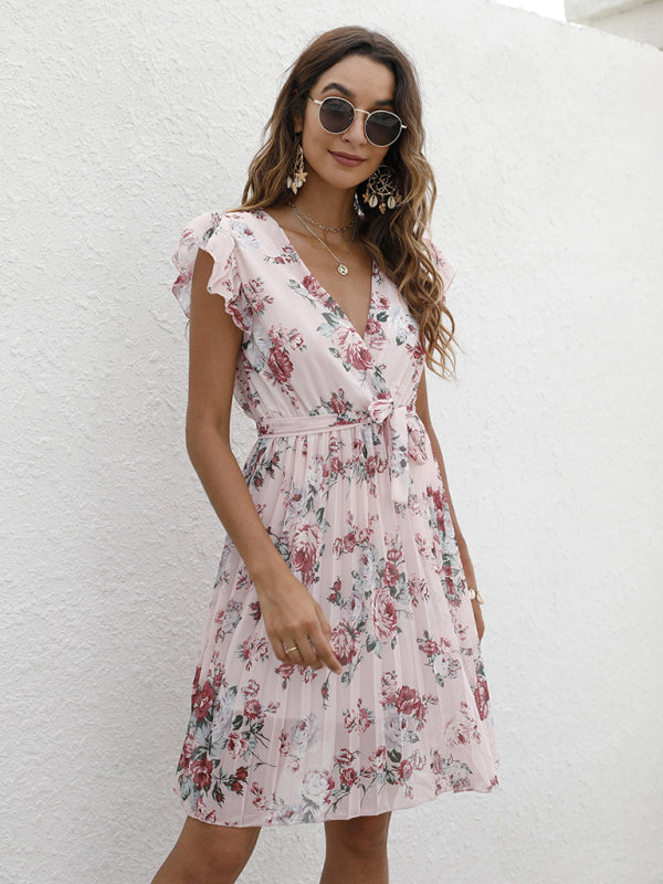 Floral A-Line Pleated Belted Flared Dress	