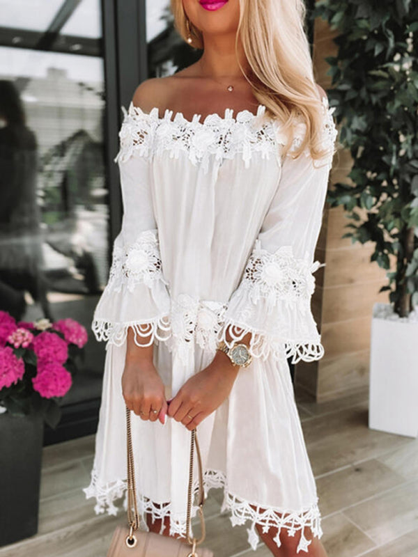 Experience Graceful Elegance in our Gauze Lace Off-Shoulder Mini Dress	