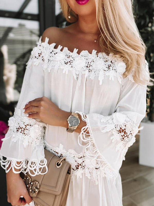 Experience Graceful Elegance in our Gauze Lace Off-Shoulder Mini