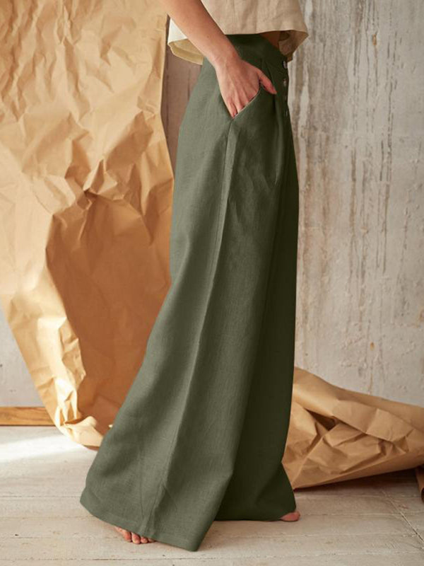 High Rise Pants - Wide Leg, Side Pockets Cotton-Linen Trousers