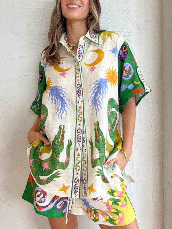 Graphic Print Cotton-linen Hawaii Shirt + Shorts Suit	
