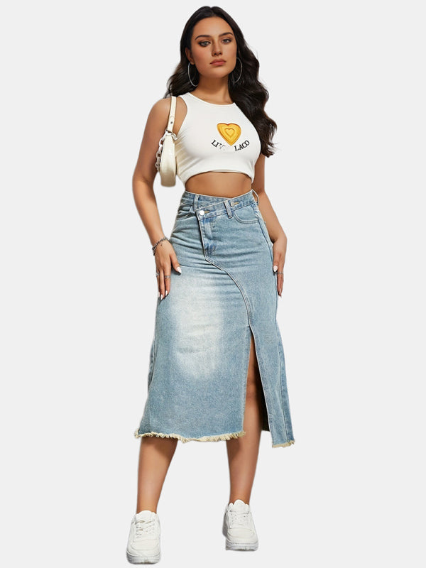 High-Waisted Washed Denim Midi Skirt with Slit Denim Midi Skirt