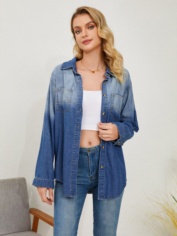 Gradient Denim Button-Up Shacket - Classic Collar Long Sleeve