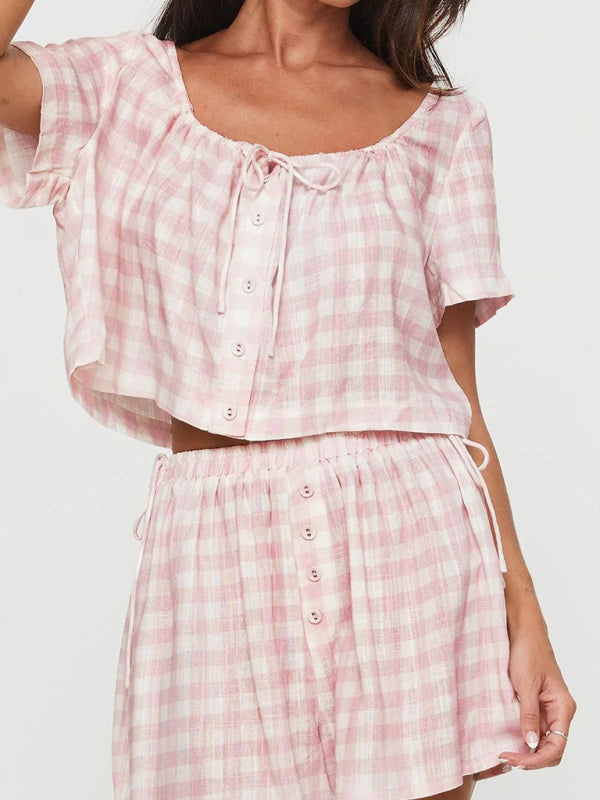 Gingham 2 Piece Outfit - Summer Lounge Shorts & Crop Top Shorts