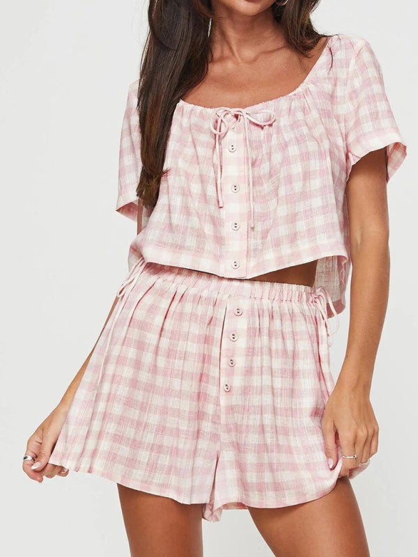 Gingham 2 Piece Outfit - Summer Lounge Shorts & Crop Top	