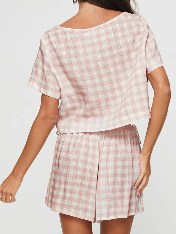 Gingham 2 Piece Outfit - Summer Lounge Shorts & Crop Top Shorts