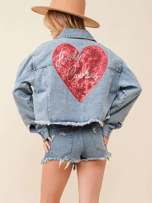 Love at the Back Heart Sequined Patched Denim Jacket | Crop