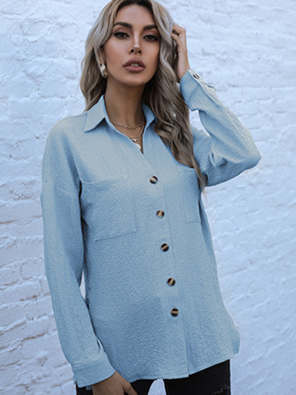 Long Sleeve Shirt - Textured Fabric & Patch Pockets Top Shirts