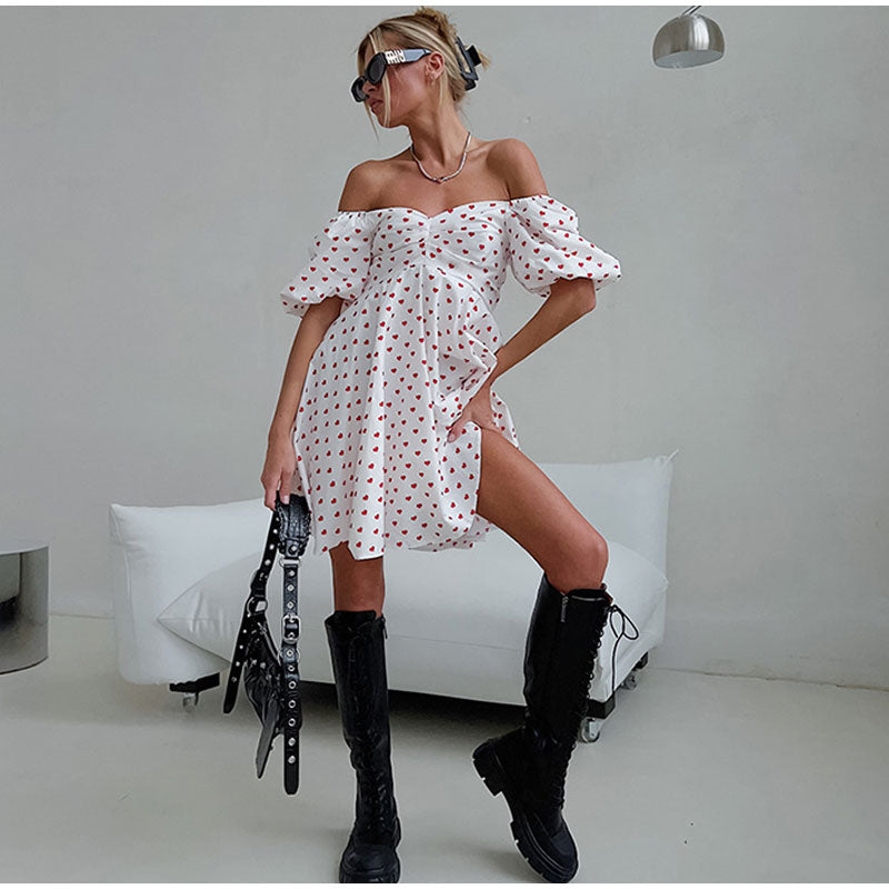 Love Print Off-Shoulder Flowy Dress Casual Dresses