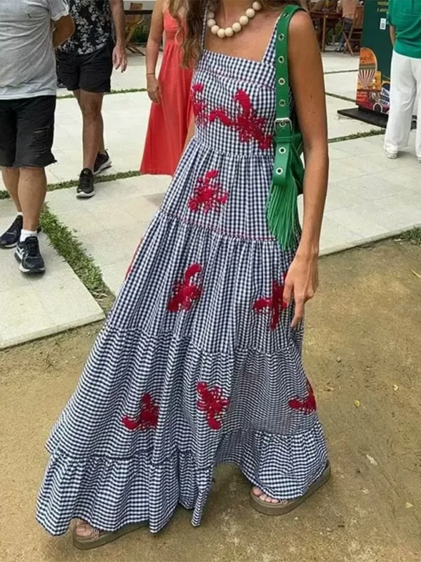 Women's Gingham Maxi Dress with Lobster Embroidery	