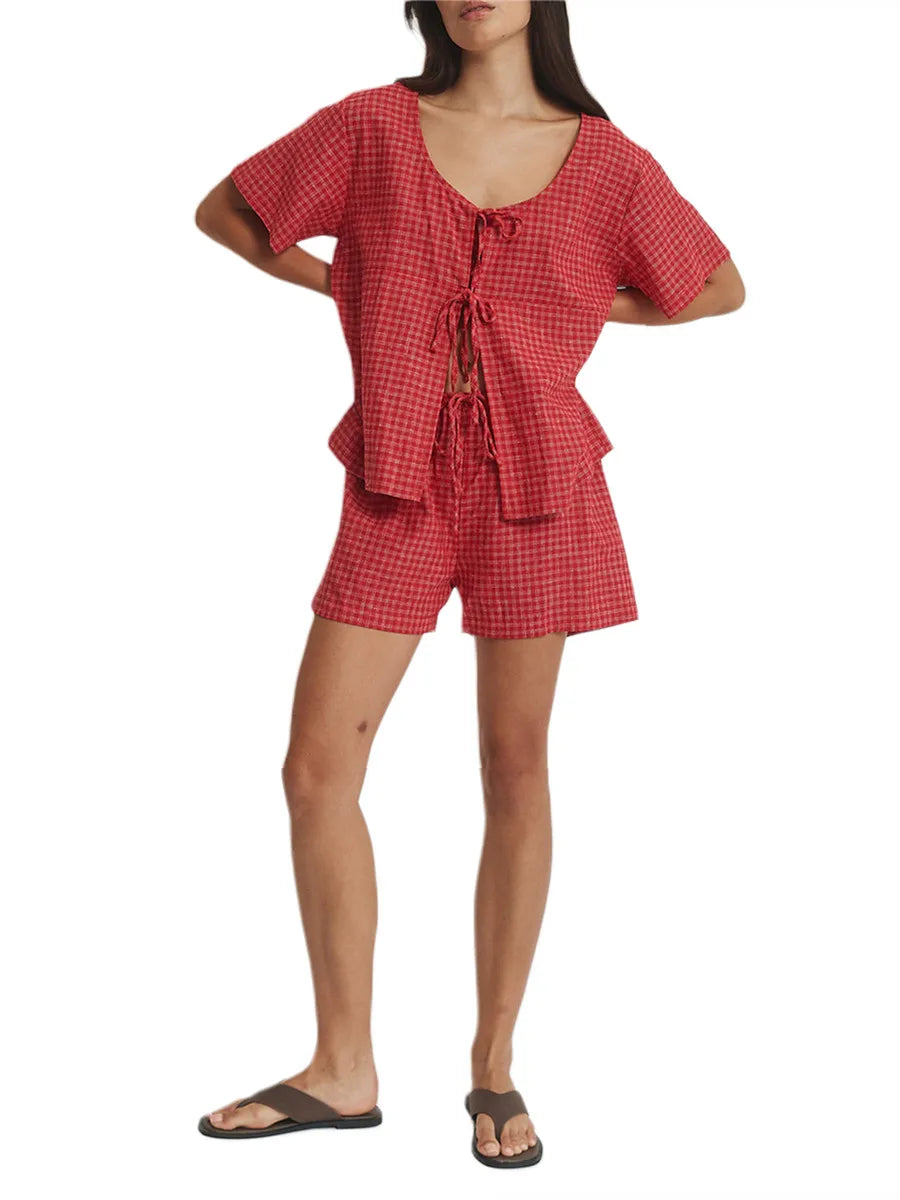 Plaid Duo Playful Tie-Front Top & Shorts Set Summer Outfits