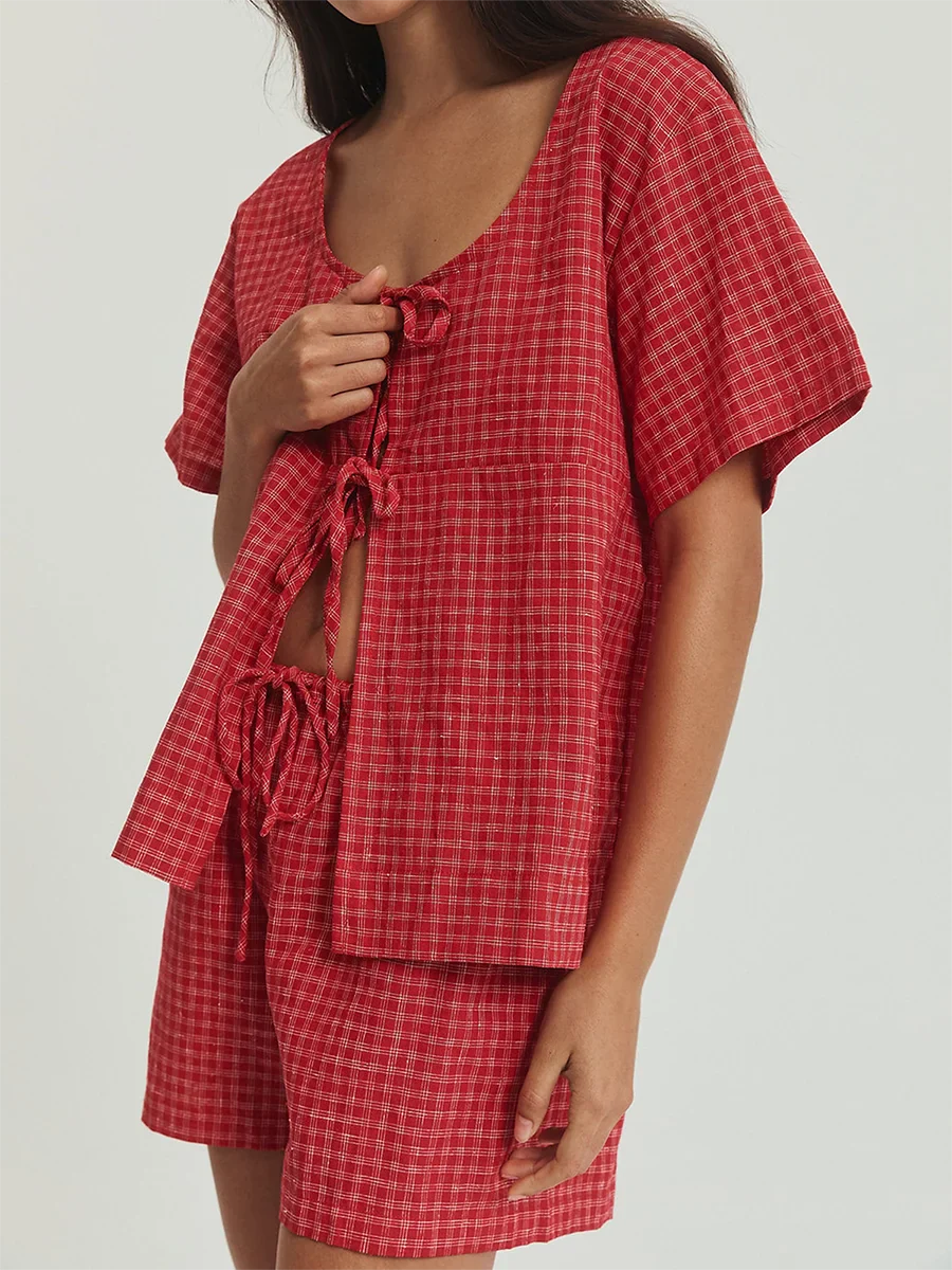 Plaid Duo Playful Tie-Front Top & Shorts Set Summer Outfits