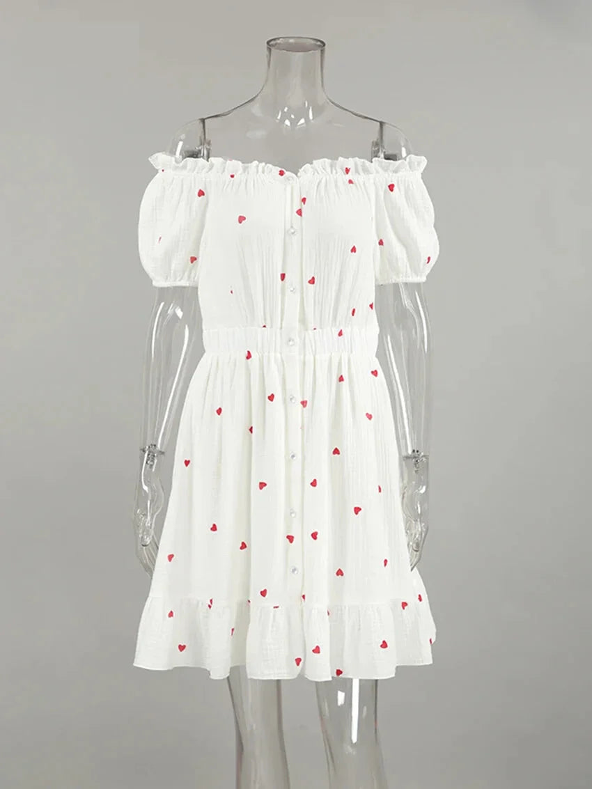 Off-Shoulder White and Red Heart Cotton Dress Summer Dresses