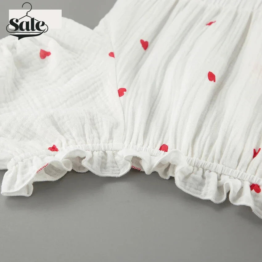 Off-Shoulder White and Red Heart Cotton Dress Summer Dresses