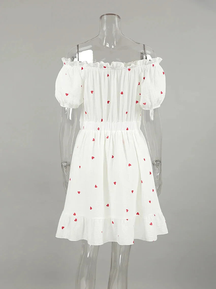 Off-Shoulder White and Red Heart Cotton Dress Summer Dresses