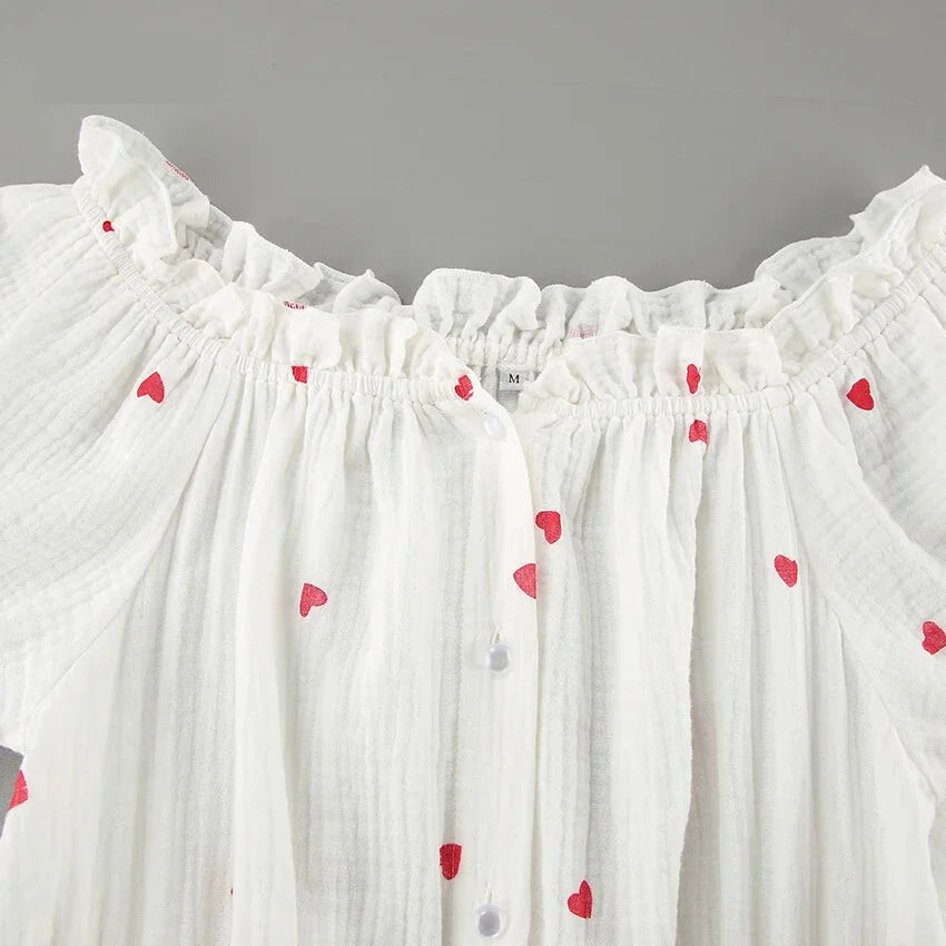 Off-Shoulder White and Red Heart Cotton Dress Summer Dresses