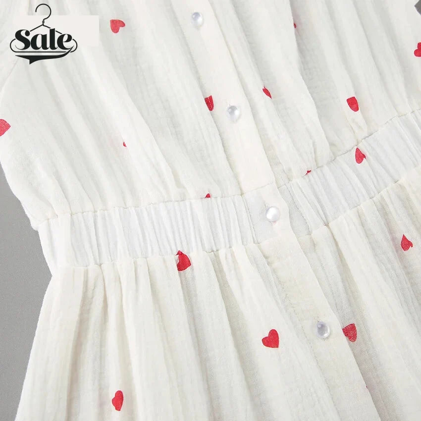 Off-Shoulder White and Red Heart Cotton Dress Summer Dresses