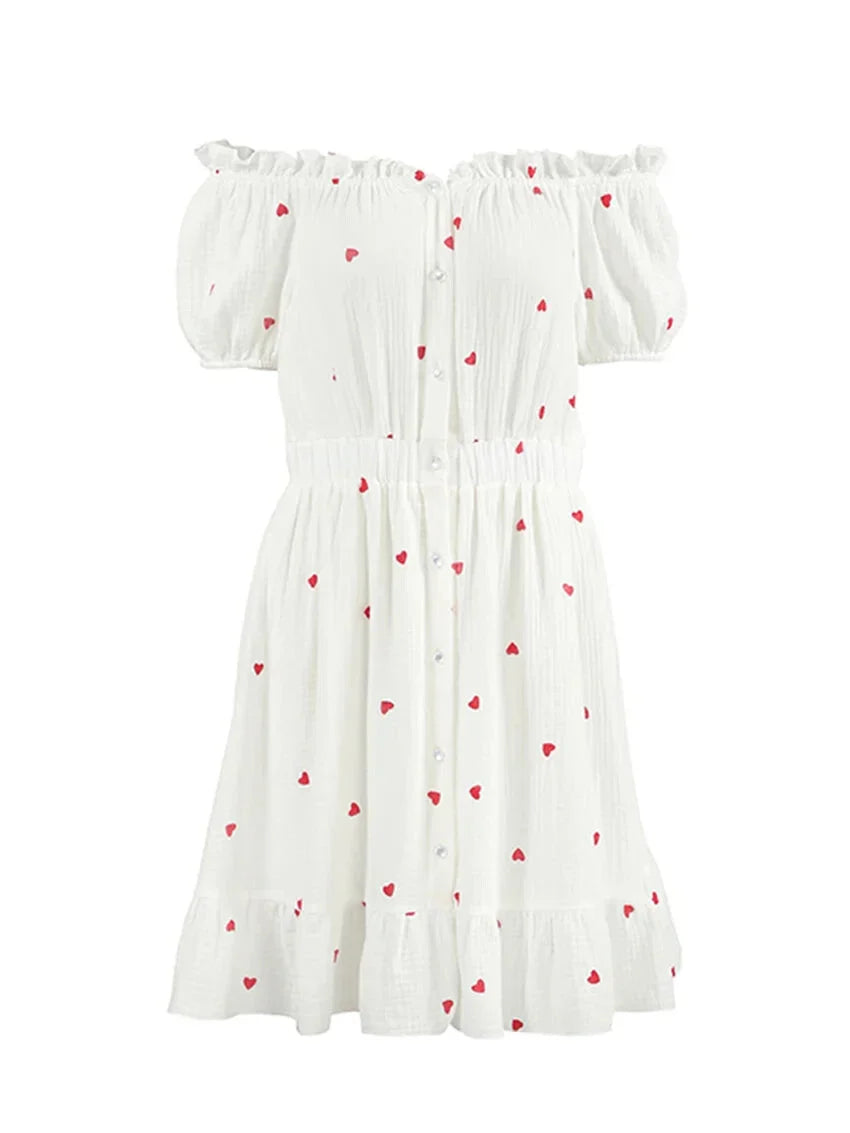 Off-Shoulder White and Red Heart Cotton Dress Summer Dresses