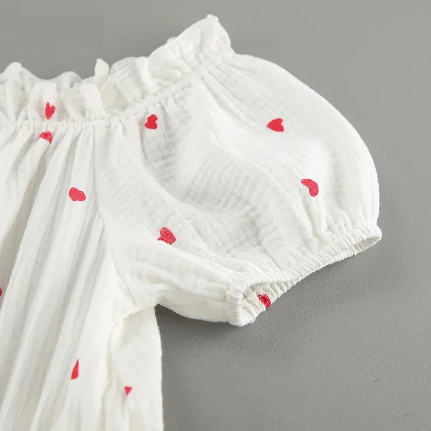 Off-Shoulder White and Red Heart Cotton Dress Summer Dresses