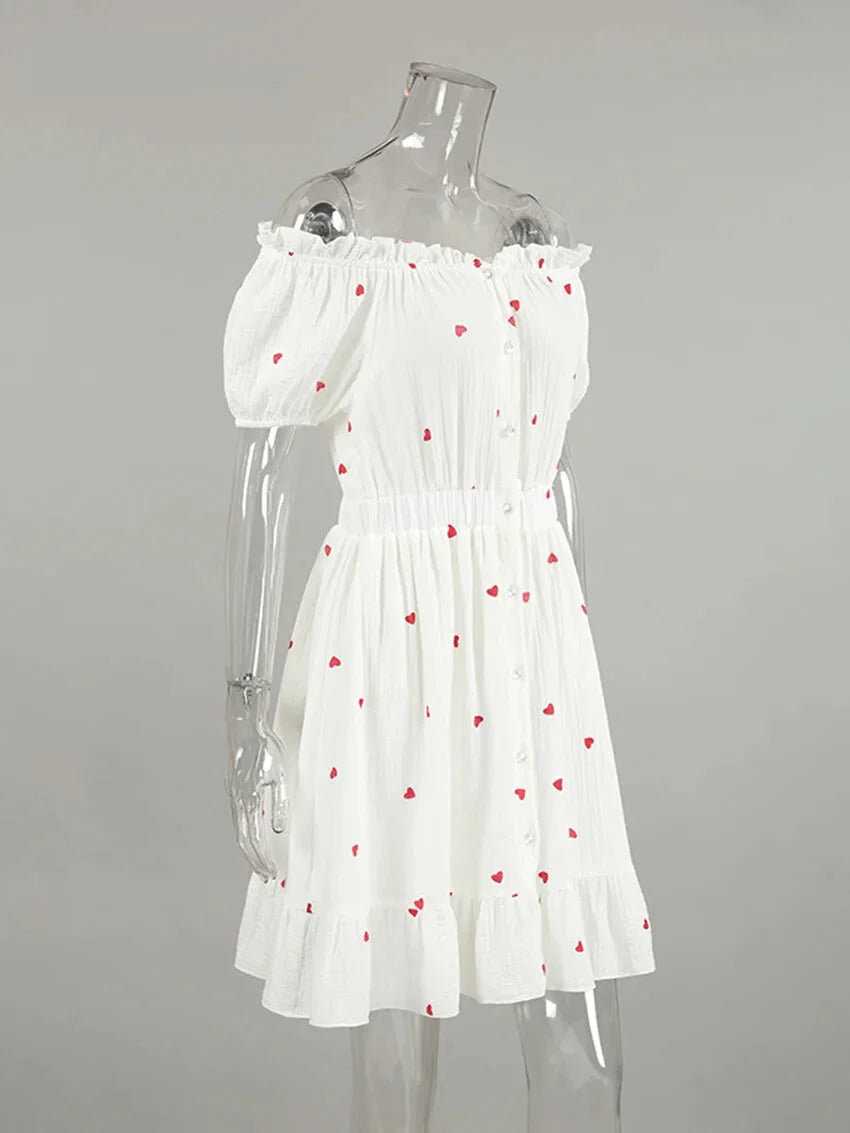 Off-Shoulder White and Red Heart Cotton Dress Summer Dresses