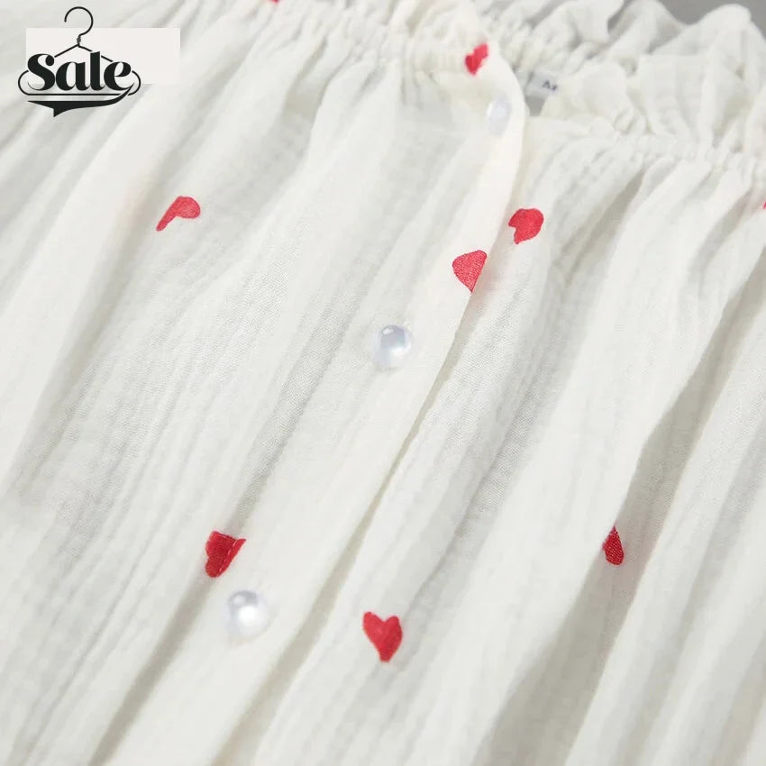 Off-Shoulder White and Red Heart Cotton Dress Summer Dresses