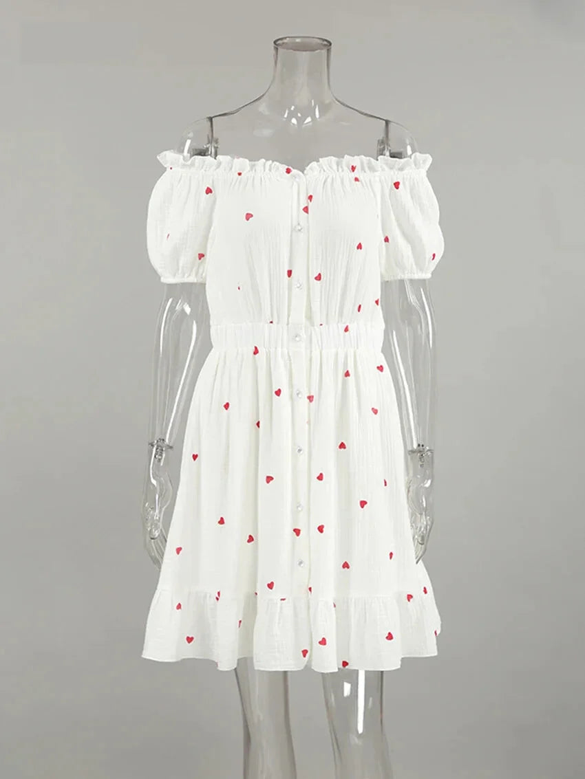 Off-Shoulder White and Red Heart Cotton Dress Summer Dresses