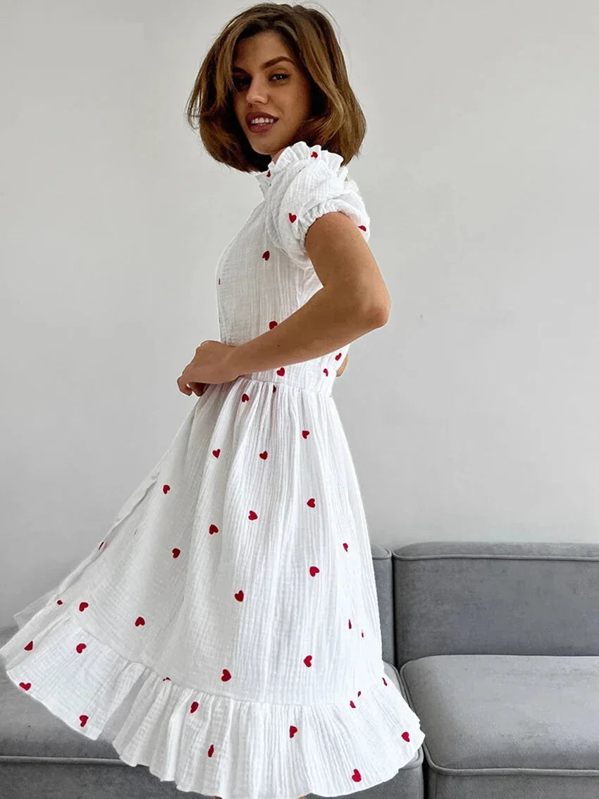 Off-Shoulder White and Red Heart Cotton Dress Summer Dresses