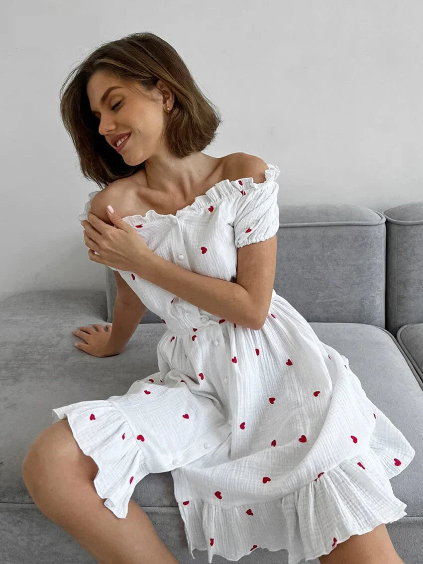 Off-Shoulder White and Red Heart Cotton Dress Summer Dresses