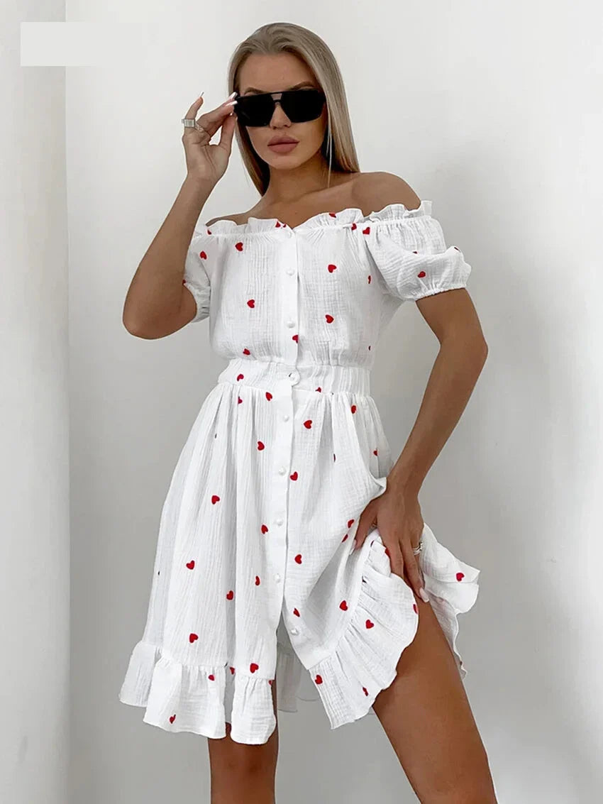 White and Red Heart Cotton Off-Shoulder Dress	