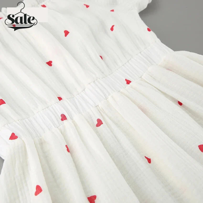 Off-Shoulder White and Red Heart Cotton Dress Summer Dresses