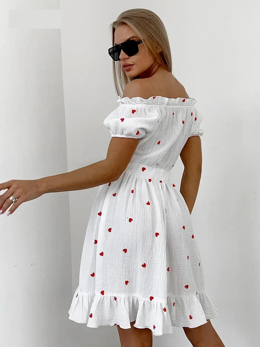 Off-Shoulder White and Red Heart Cotton Dress Summer Dresses