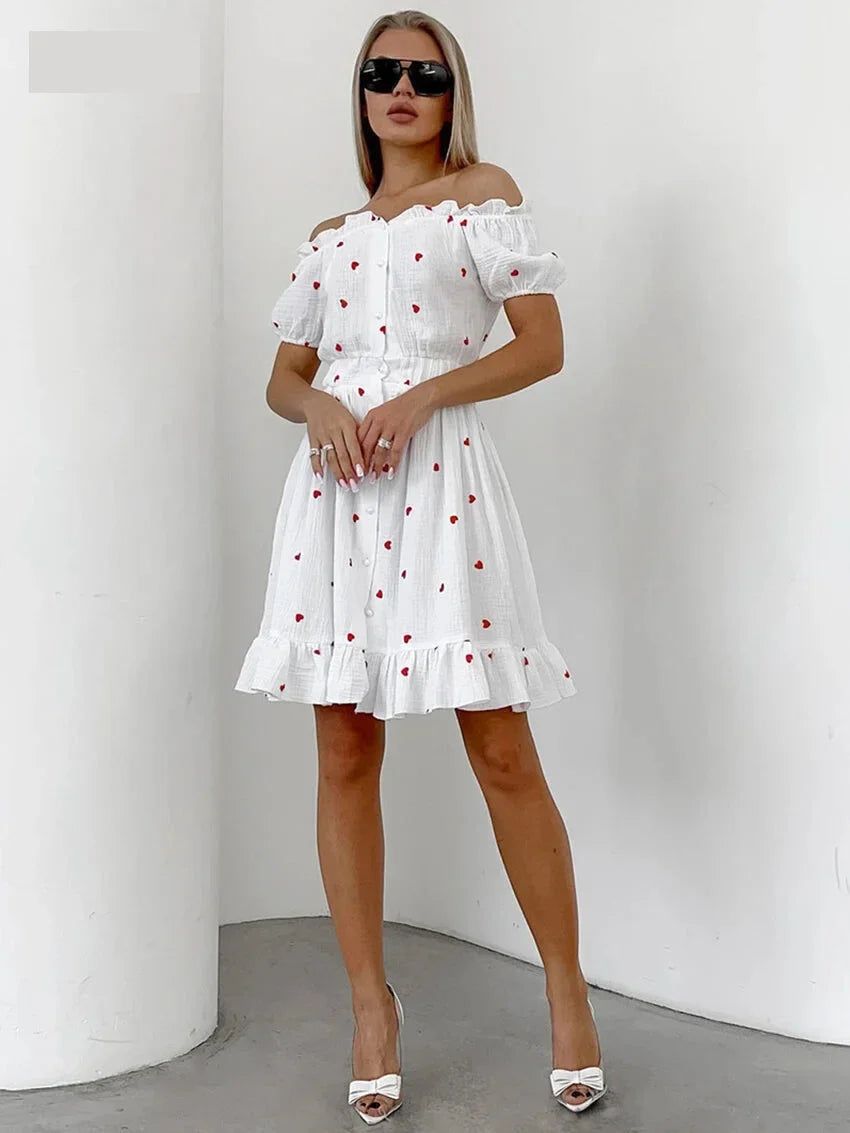 Off-Shoulder White and Red Heart Cotton Dress Summer Dresses