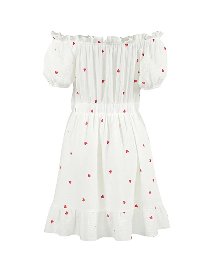 Off-Shoulder White and Red Heart Cotton Dress Summer Dresses