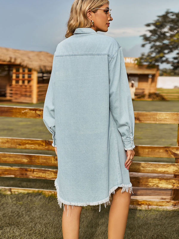 Retro Oversized Distressed Denim Shirt Dress Denim Dresses