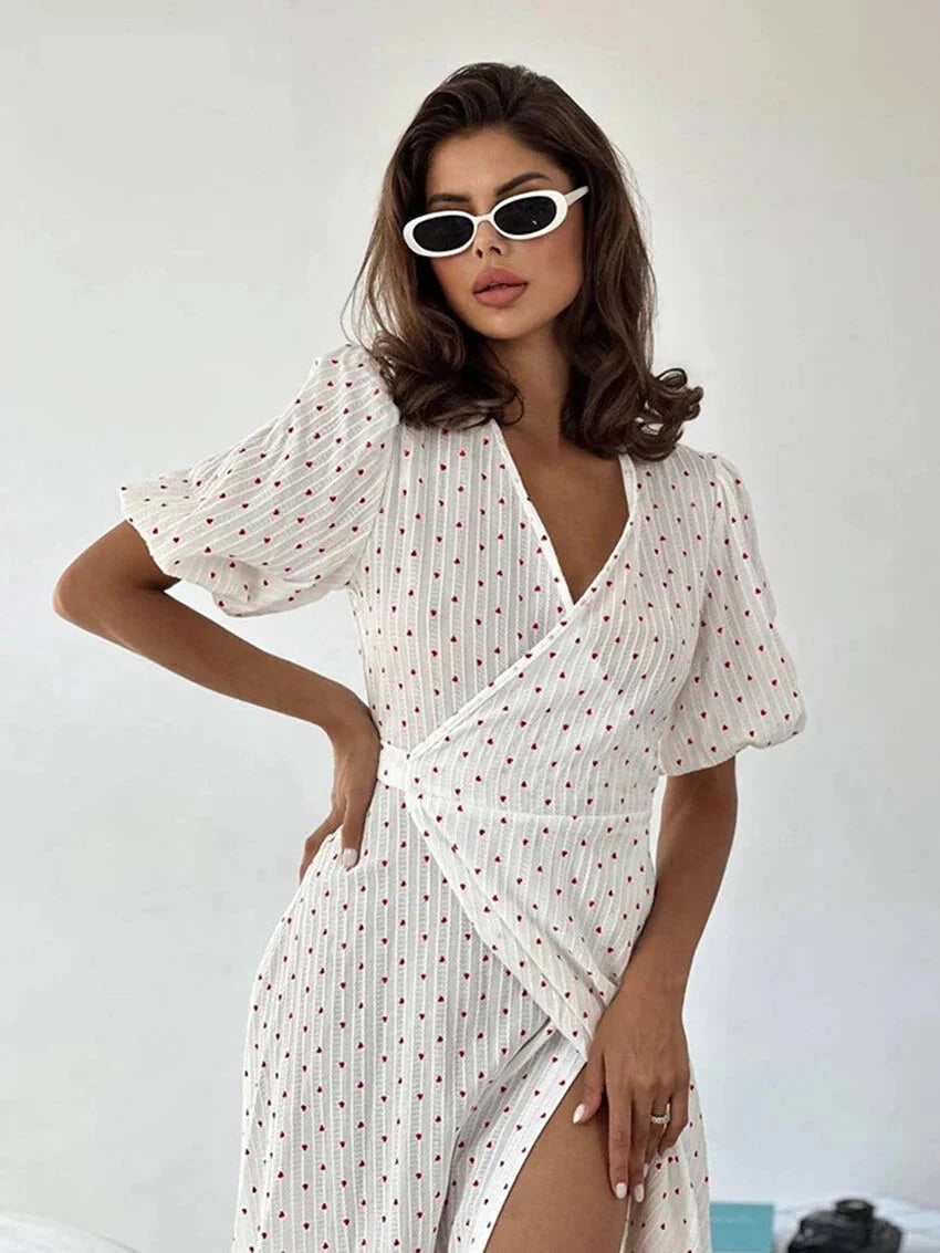 Romantic Wrap Heart Motif Midi Dress for Casual Outings: Midi