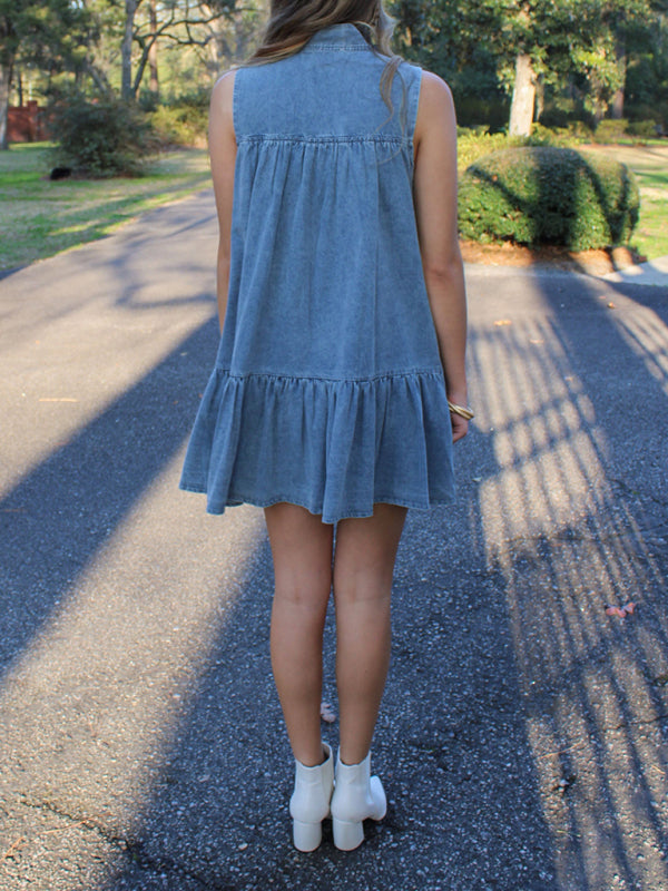 Sleeveless Denim Tunic Dress with Bow Front for Casual Events