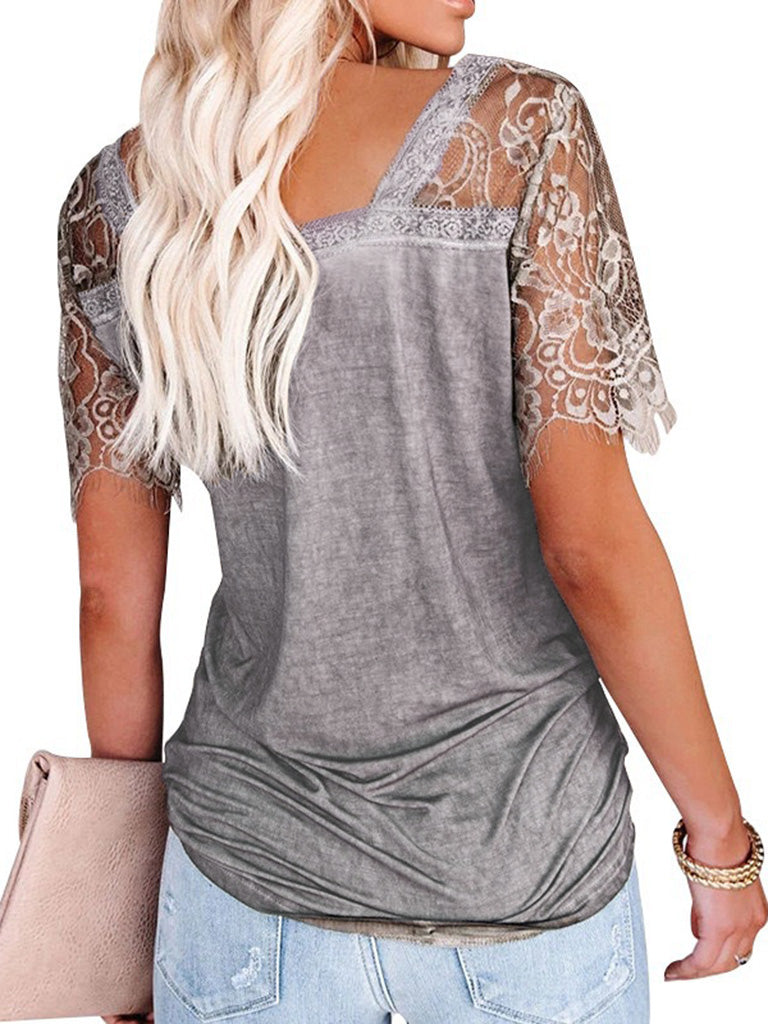 Solid Cotton V-Neck T-shirt with Lace Embroidery Sleeves Tops