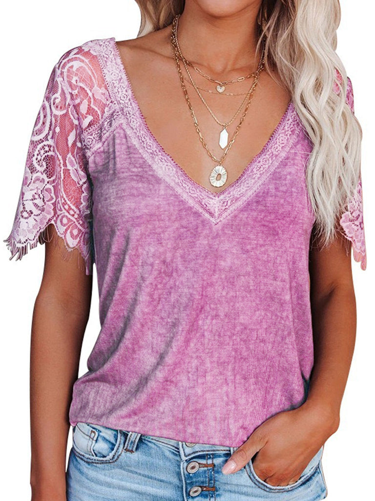 Solid Cotton V-Neck T-shirt with Lace Embroidery Sleeves Tops