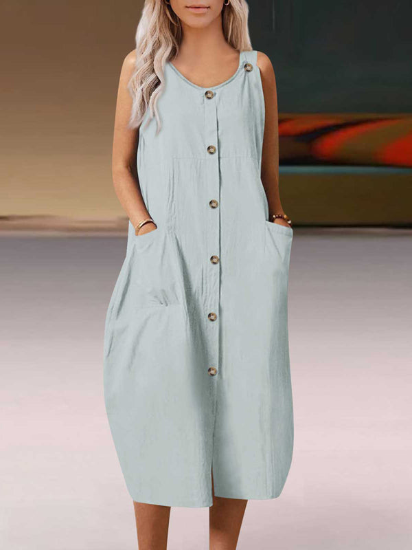 Solid Cotton Button Tank Dress	