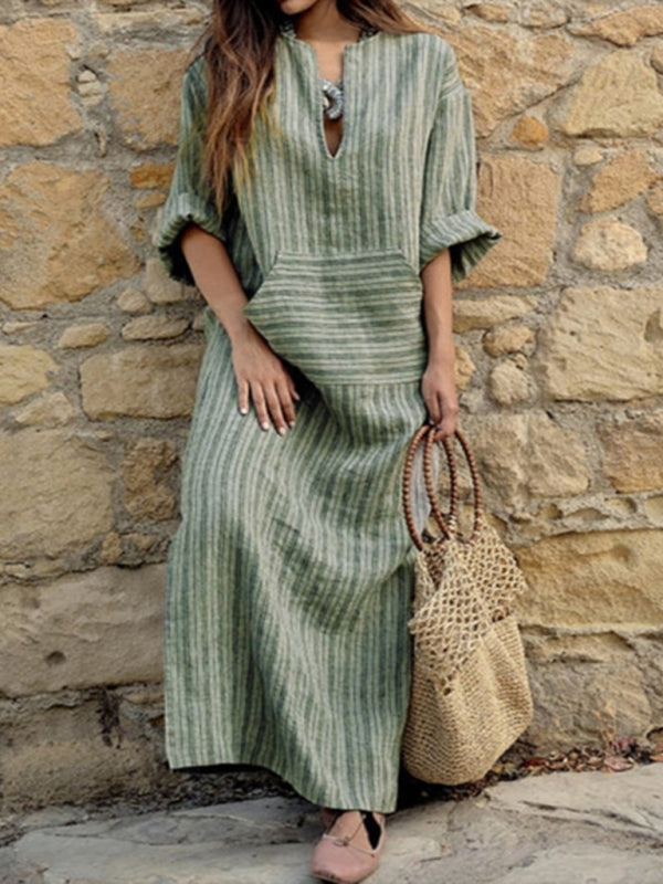 Solid Cotton Yarn-Dyed Striped Tunic Dress Dress