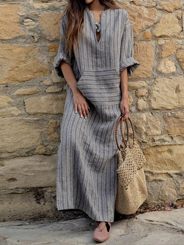 Solid Cotton Yarn-Dyed Striped Tunic Dress Dress