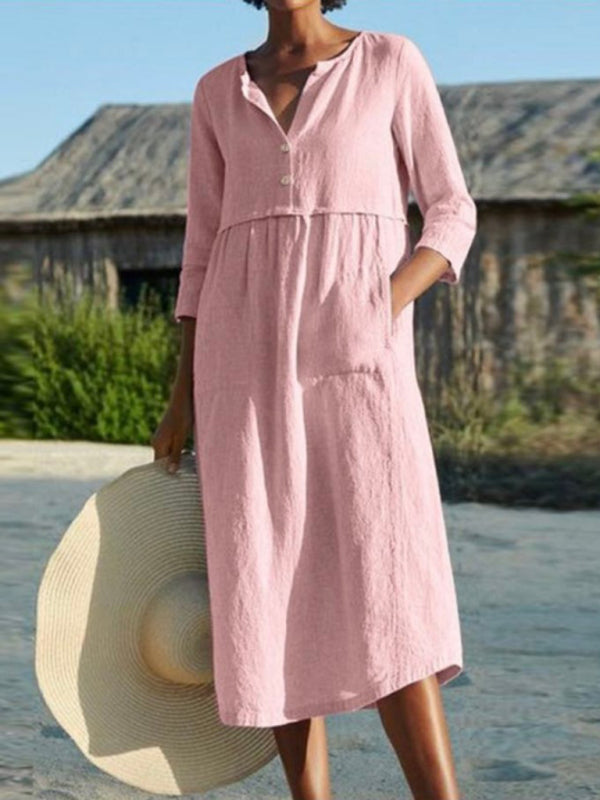 Solid Cotton-Linen Relaxed Straight Midi Dress Midi Dresses