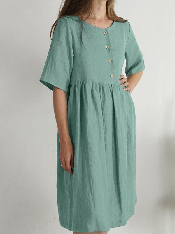 A-Line Cotton Linen Dress with Pockets & Short Sleeves