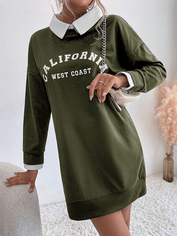 Solid Cotton California Collared Sweatshirt Dress Sweatshirt